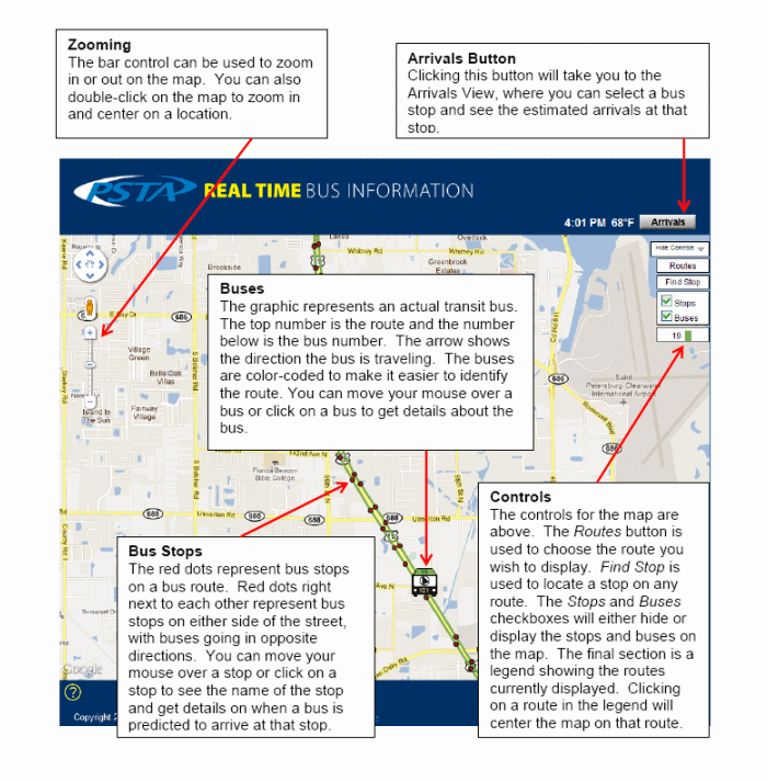 Zooming - The bar control can be used to zoom in or out on the map.  You can also double-click on the map to zoom in and center on a location. Buses - The graphic represents an actual PSTA bus.  The top number is the route and the number below is the bus number.  The arrow shows the direction the bus is traveling.  The buses are color-coded to make it easier to identify the route. You can move your mouse over a bus or click on a bus to get details about the bus. Bus Stops - The red dots represent bus stops on a bus route.  Red dots right next to each other represent bus stops on either side of the street, with buses going in opposite directions.  You can move your mouse over a stop or click on a stop to see the name of the stop and get details on when a bus is predicted to arrive at that stop. Controls - The controls for the map are above.  The Routes button is used to choose the route you wish to display.  Find Stop is used to locate a stop on any PSTA route.  The Stops and Buses checkboxes will either hide or display the stops and buses on the map.  The final section is a legend showing the routes currently displayed.  Clicking on a route in the legend will center the map on that route.