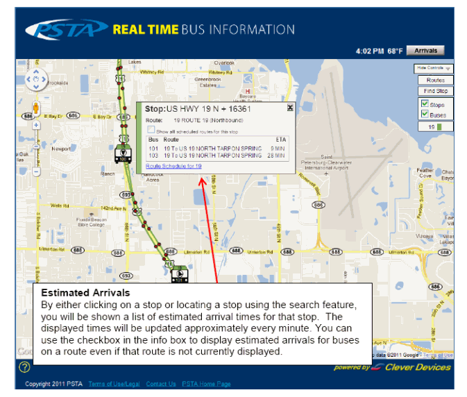 Estimated Arrivals - By either clicking on a stop or locating a stop using the search feature, you will be shown a list of estimated arrival times for that stop.  The displayed times will be updated approximately every minute. You can use the checkbox in the info box to display estimated arrivals for buses on a route even if that route is not currently displayed.
