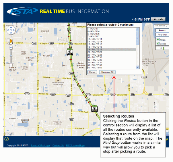 Selecting Routes - Clicking the Routes button in the control section will display a list of all the PSTA routes.  Selecting a route from the list will display that route on the map.  The Find Stop button works in a similar way but will allow you to pick a stop after picking a route.
